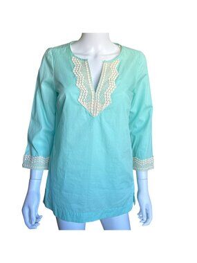 NYDJ Tunic Top Womens XS Seafoam Green White Crochet Trim 3/4 Sleeve Side Zip